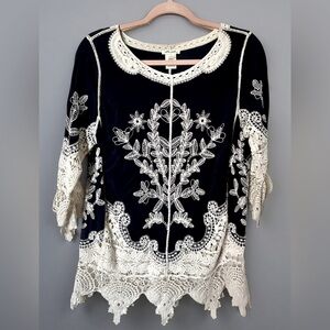 Ultra Pink Blue and White Embroidered and Lace Boho Blouse